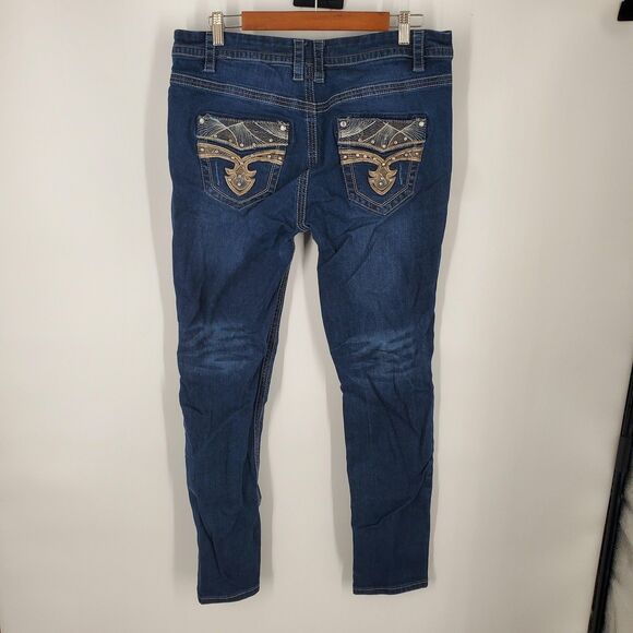 Rebel & Soul Jeans Womens 15 Blue Skinny Embellished Pockets Rhinestone Denim - Picture 5 of 11